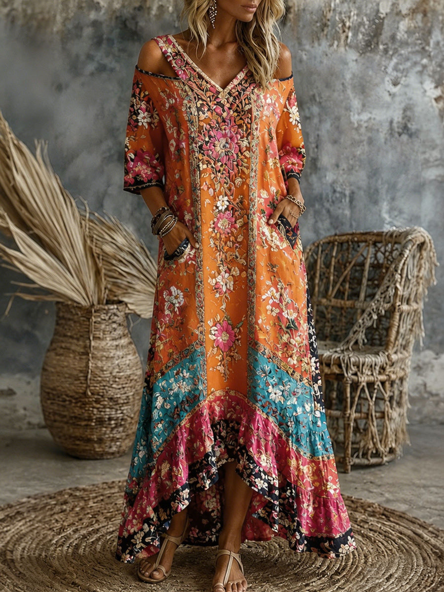 Women's Retro Art Print Washed Cotton V-Neck Maxi Dress